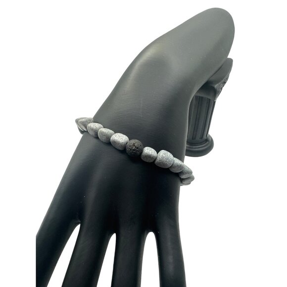 Gray Beaded Stretch Bracelet With Black Accent Stone - Picture 2 of 5